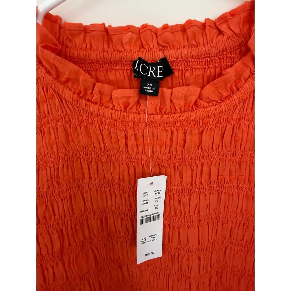 NWT J. Crew Puff Sleeve Textured Voile Smocked Top Orange XS